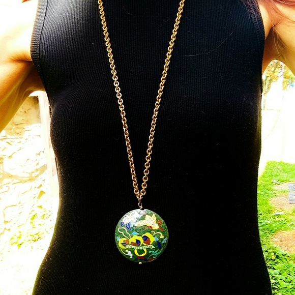Vintage Cloisonne & Gold Oversized Floral Pendant - Picture 2 of 5